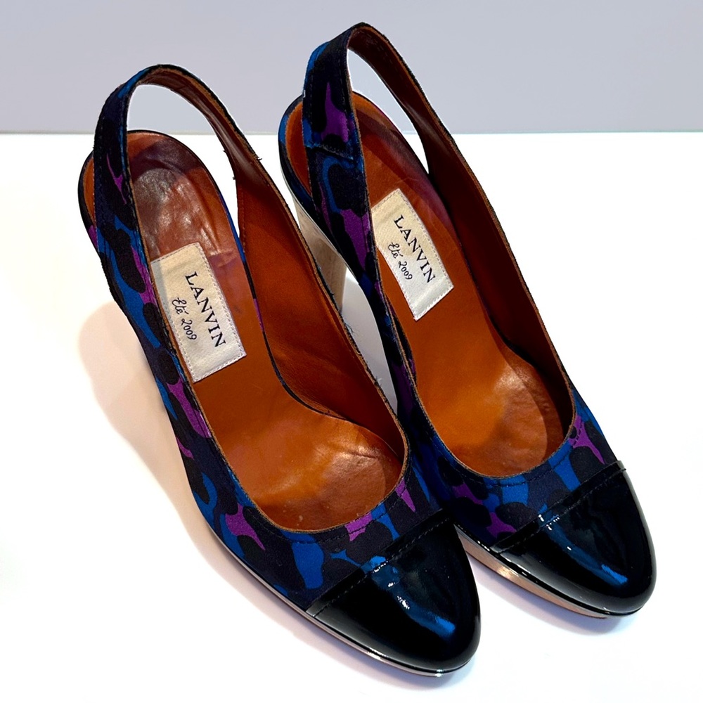LANVIN Platform Slingback Heels with Patent Leather Toe and Wooden Heel